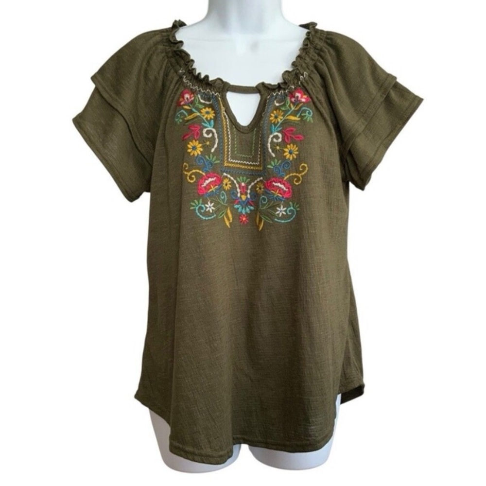 New York Laundry Womens Floral Embroidered Keyhole Flutter Peasant Blouse Size S